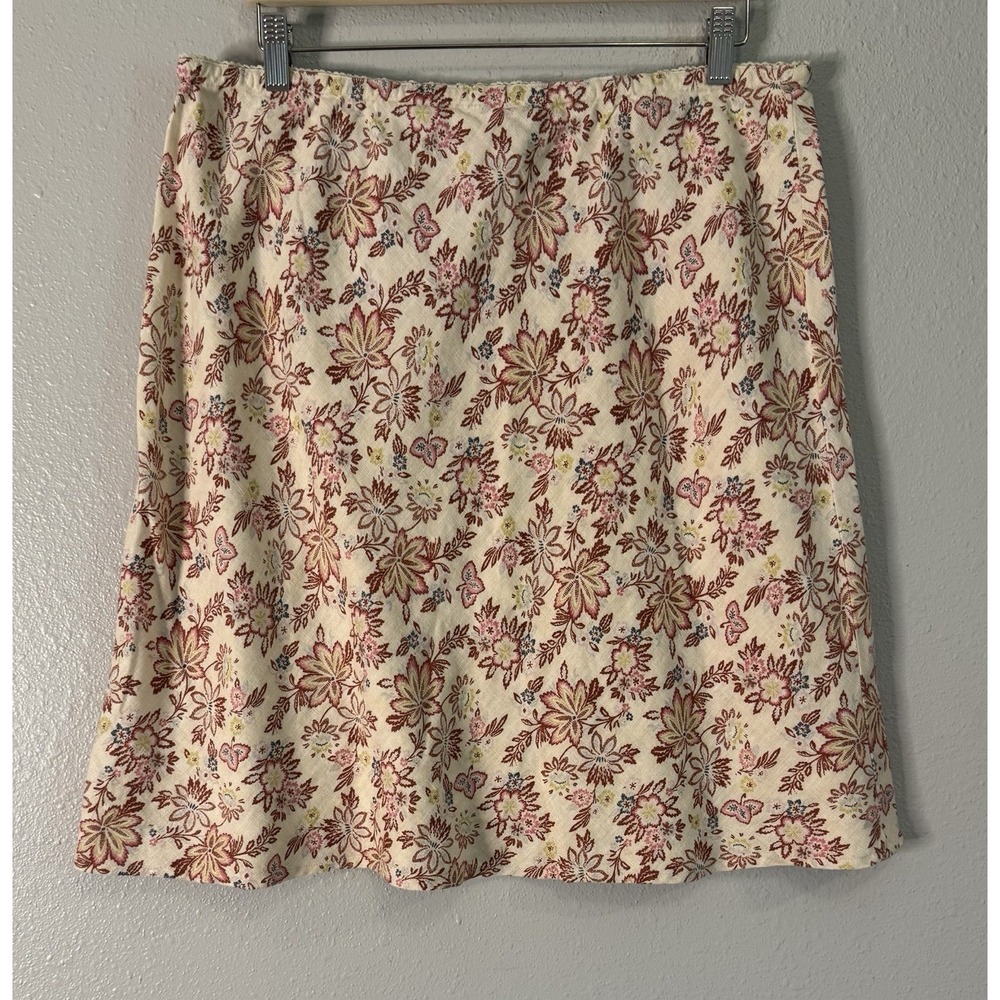 J. Jill 100% Linen Floral A-Line Skirt XL Cottagecore PrairieSummer 2005 Elastic
